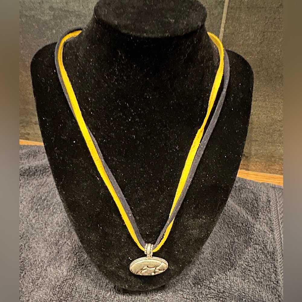Iowa Hawkeye Pendant Necklace on Black/Yellow Faux Suede (Adjustable 17-19 In)